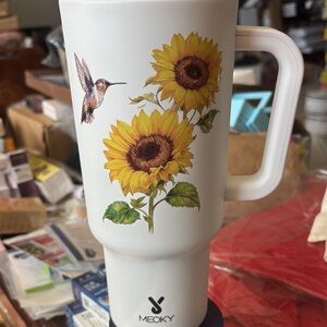 White Mug with Sunflower and Hummingbird Design